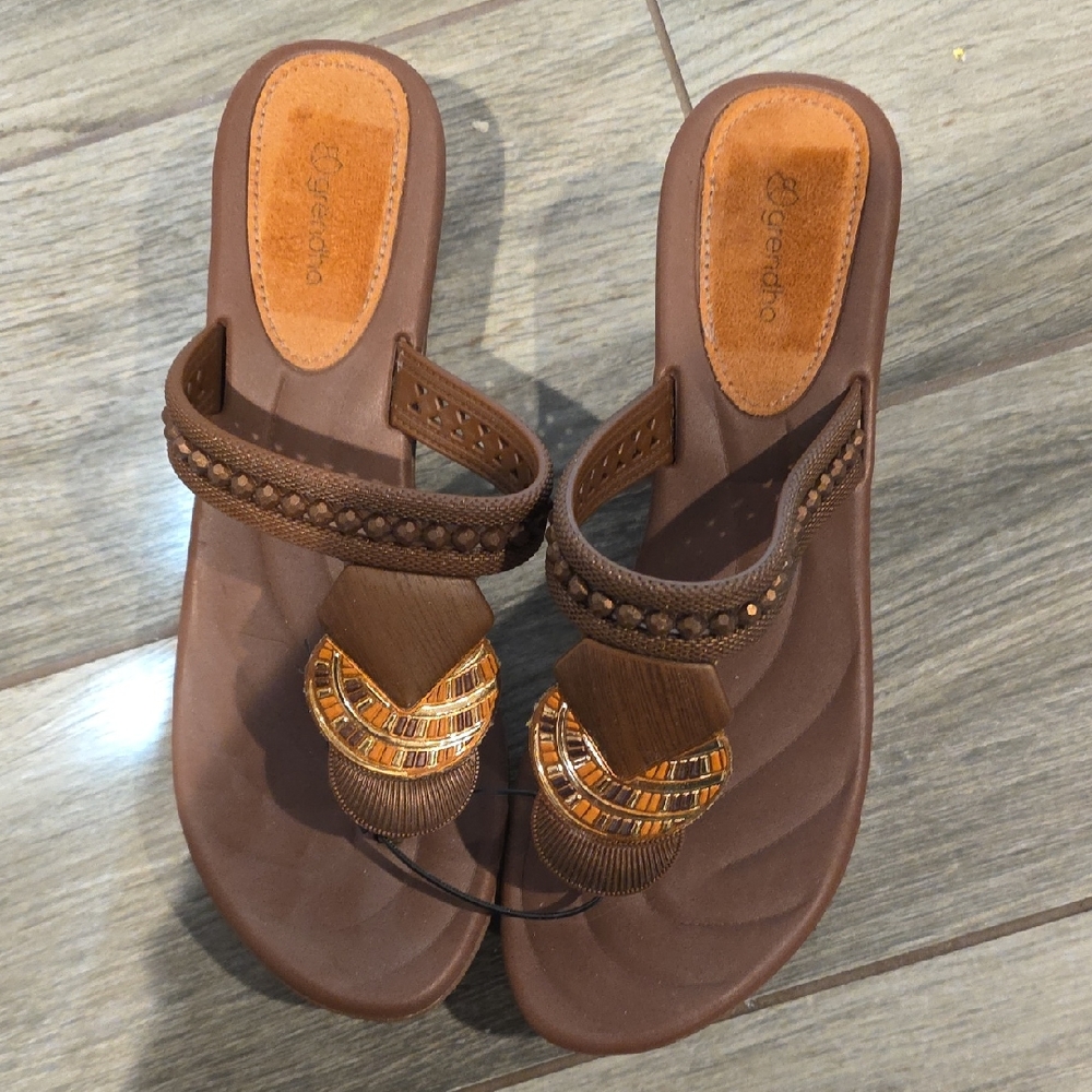 Brown Bead-Embellished Sandals by Grendha